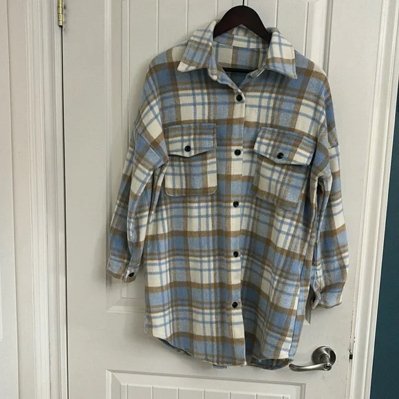 Plaid Button-Up Shacket Jacket - Blue & Tan - Picture 1 of 9